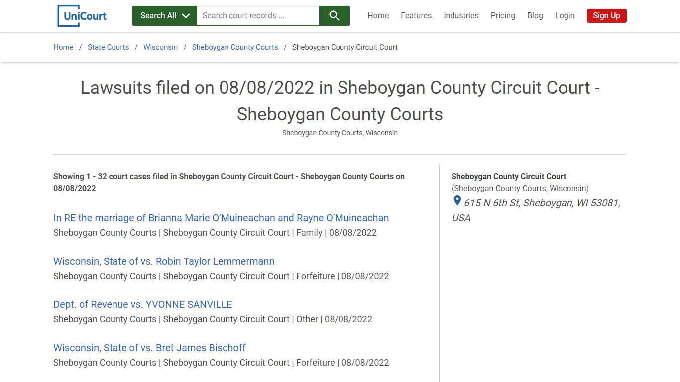 Lawsuits filed on 08/08/2022 in Sheboygan County Circuit Court ...